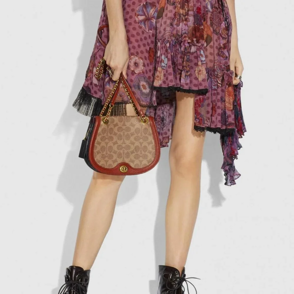 COACH $395 75577 Reversible Parker Saddle Bag In Signature Canvas Tan/Rust/Brass